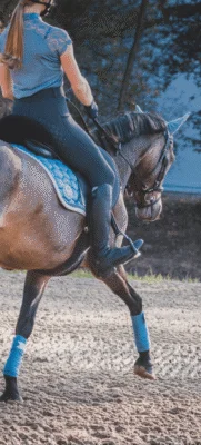 Moça cavalgando em dia de ceu azul, na hipica. Veste roupa de hipica, blusa azul e calça leg preta.