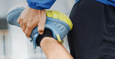 Pessoa alongando, puxando a perna atrás do gluteo. Usando moletom azul, bermuda preta e tenis azul