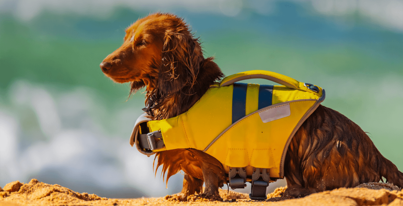 cachorrinho maltes marrom molhado, vestindo um colete de salva-vidas, parado na areia da praia em dia de sol.
